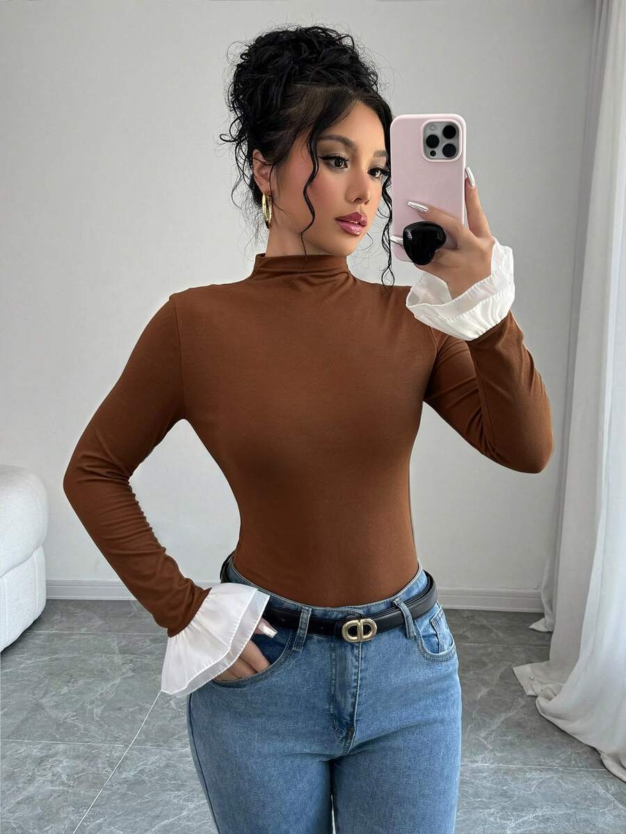 Rafferiza Women's Stand Collar Colorblock Ruffle Cuff Slim Fit Fashion T-Shirt - Brown - View 1
