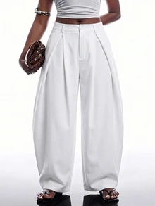 SHEIN EZwear 白色秋冬復古休閒街頭風寬鬆軍綠色圓弧下擺大尺碼長褲 - 白色 - 查看 6