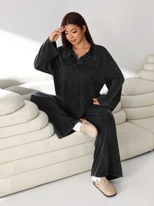 Solflare Plus Size Women's Autumn/Winter Distressed Drop Shoulder Long Sleeve T-Shirt And Wide Leg Pants Casual 2 Pieces Set - Black - View 4