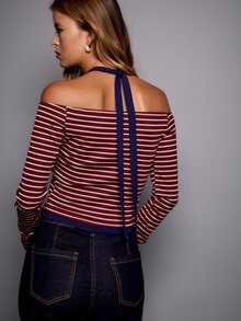 Nöista Burgundy Striped Off Shoulder Top With Long Sleeves. Fall Winter, Night Out, Layering, Going Out. - Red Violet - View 4