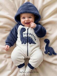 Cozy Pixies Baby Boy Cartoon Dinosaur Pattern Thermal Lined Colorblock Hooded Long Sleeve One-Piece Autumn Winter Jumpsuit, Versatile And Comfortable - Navy Blue - View 12
