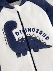 Cozy Pixies Baby Boy Cartoon Dinosaur Pattern Thermal Lined Colorblock Hooded Long Sleeve One-Piece Autumn Winter Jumpsuit, Versatile And Comfortable - Navy Blue - View 5