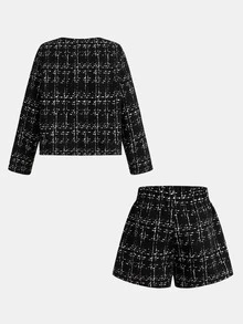 Kids Young Girl Plaid Long Sleeve Jacket And Shorts Set - Black - View 2
