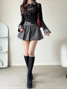 FRIFUL 女款掛脖格紋布料拼接泡泡短袖收腰鈕扣裝飾甜辣風夏季T恤 - 黑色 - 查看 3