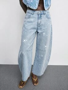 Maija Women's Casual Loose Fit Denim Jeans With Pocket And Rhinestone Curved Hem - Light Wash - View 4