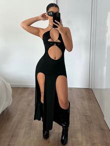 SHEIN ICON Women's Halter Neck Tie Waist Hollow Out High Slit Black Bodycon Dress - Black - View 5