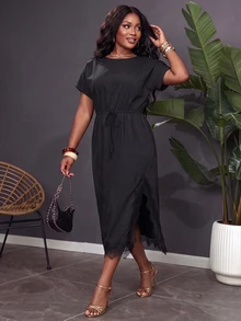 Reflora Plus Size Women's Summer New Batwing Sleeve Black Solid Color Dress, Suitable For Daily Commute, Versatile Style, Also Appropriate For Elegant Cocktail Parties And Various Occasions. - Black - View 3