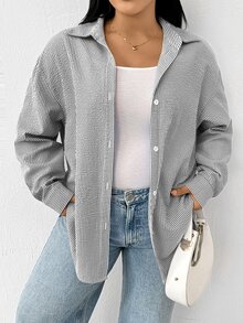 Shapeblank Plus Size Striped Casual Versatile Everyday Shirt - Black and White - View 2