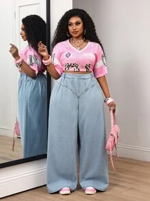 Slaydiva Plus Size Women's High Waist Loose Casual Versatile Denim Wide Leg Pants - Black - View 7