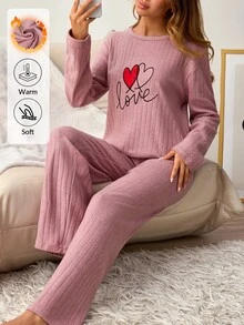 SHEIN Women Heart Embroidery Ribbed Crew Neck Long Sleeve Top And Straight Leg Pants 2-Piece Casual Pajama Set - Dusty Pink - View 7