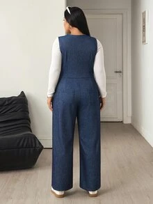 Flexra Jumpsuit Denim Kasual Wanita Ukuran Besar - Dark Wash - View 3