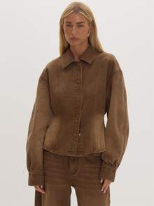 MUSEYN Brown Washed Denim Cinched Jacket Timeless Date Night Tailored Casual Everyday New Season Fall - Brown - View 1