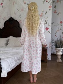 CottageSlumber Spring/Autumn Long Sleeve Ditsy Floral Ruched Bow Decor Nightgown - White - View 3