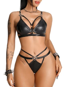 AltBold 2pcs PU Fashion Sexy Lingerie Set - Black - View 4