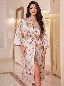LuxeNights رداء نوم نسائي أنيق من الحرير الصناعي بطبعة زهور بأسلوب الكيمونو مع ربطة - وردي فاتح - مشاهدة 4