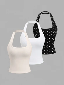 Sweetra Sommerliche französische Mode Punkt & Weiß, blassgelbes rückenfreies tailliertes sexy lässiges vielseitiges Damen-Neckholder-Tank Top 3 Stücke Set - Verschiedenfarbig - Übersicht 6