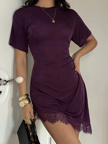 Aloruh 女款優雅紫色蕾絲拼接浪漫復古洋裝，適合秋季 - 紫色 - 查看 4