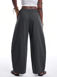 SHEIN EZwear 秋冬復古休閒街頭風軍綠色弧形下擺大尺碼寬鬆長褲 - 深灰色 - 查看 2