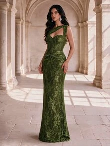 Coutiva Women's One Shoulder Lace Ruffle Mermaid Hem Sleeveless Elegant Formal Formal Prom Event Evening Gown (Heavy Embellished) Wedding Olive Green Winter - Army Green - View 6
