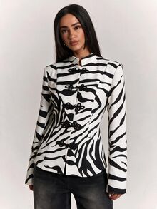 SHEIN BAE Women's Zebra Print Frog Button Design Casual Regular Fit Jacket - Black and White - View 5