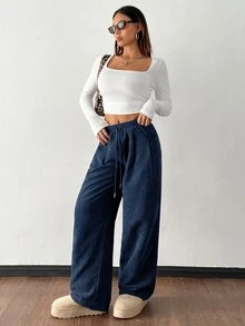 SHEIN PETITE Women's Autumn And Winter Street Fashion Casual Retro Corduroy Textured Pants - Navy Blue - View 4