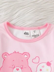 SHEIN X Care Bears GraphicGems 女童卡通圖案長袖上衣與長褲休閒日常居家睡衣套裝 - 粉色 - 查看 4