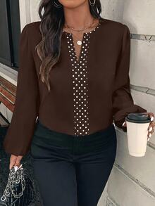 EMERY ROSE Plus Size Women Polka Dot Pattern Cutout V-Neck Lantern Sleeve Elegant Blouse - Brown - View 1