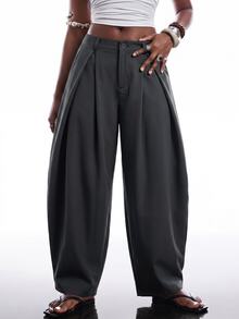 SHEIN EZwear 秋冬復古休閒街頭風軍綠色弧形下擺大尺碼寬鬆長褲 - 深灰色 - 查看 5