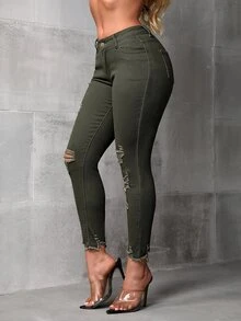 SHEIN SXY 女款破洞修身休閒百搭牛仔褲，附口袋 - 0.霧綠 - 查看 4