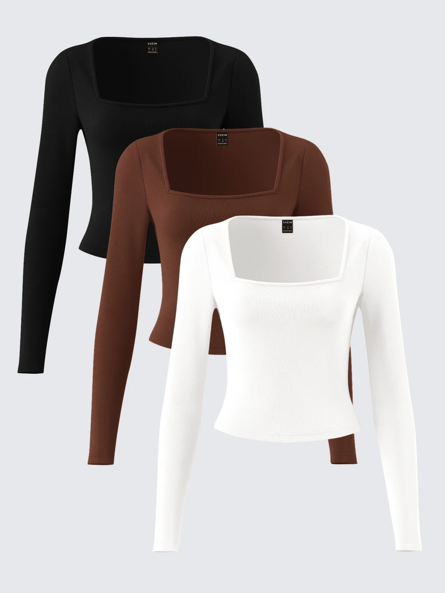SHEIN BASICS 3件組女款素色方領長袖修身百搭T恤 - 彩色 - 查看 1