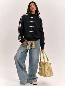 SHEIN BAE Women's Casual Jacket With Side Stripe And Frog Button Design - Black - View 1