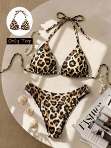Swim SXY Plus Size Sexy Leopard Print Rivet Halter Triangle Bikini Top, Adjustable Back Tie, Suitable For Beach Vacation Wear - Multicolor - View 6