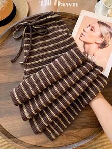 SHEIN CURVE+ Plus Size Summer Knit Striped Long Pants Fall - Brown - View 2