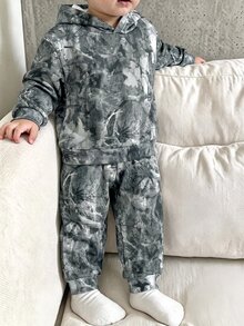 兒童嬰兒連帽長袖運動衫與長褲休閒舒適套裝，經典酷感印花，適合街頭穿搭，秋冬 Y2K 風格 - 彩色 - 查看 2