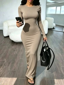 INAWLY Solva 女款純色性感長袖魚尾緊身洋裝 - 駝色 - 查看 4