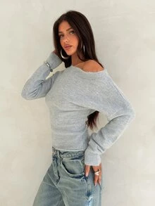 Aloruh Women's Autumn/Winter Off-Shoulder Fitted Floral Grey Long Sleeve Sweater - Light Grey - View 7