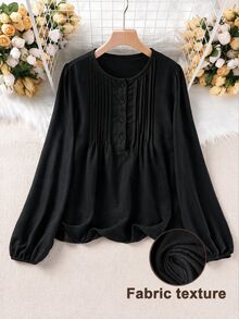 Linhara Plus Size Casual Striped Detail Crew Neck Long Sleeve Pure Cotton Black Shirt - Black - View 1