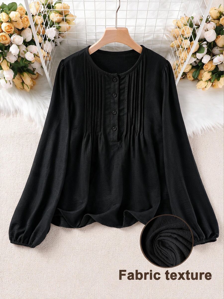 Linhara Plus Size Casual Striped Detail Crew Neck Long Sleeve Pure Cotton Black Shirt - Black - View 1