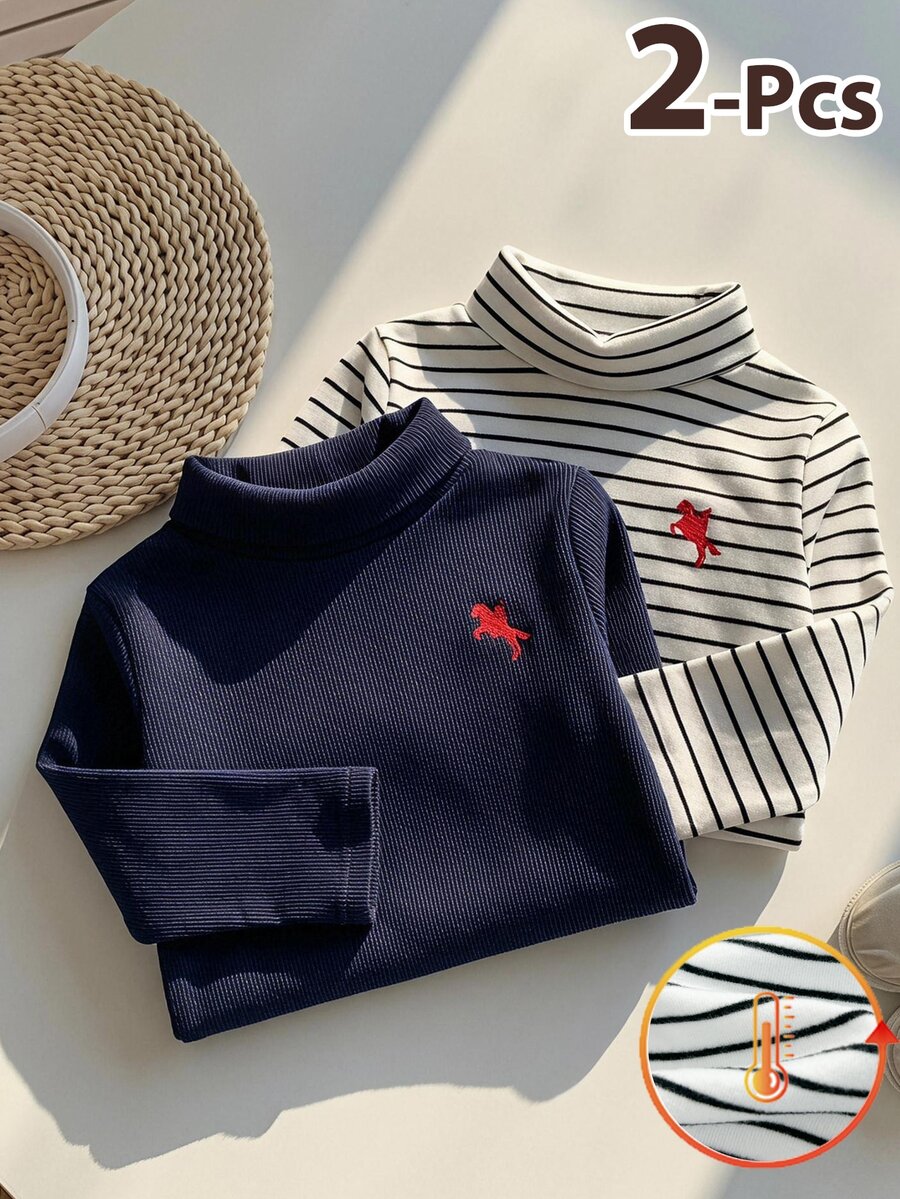 LMoss Kids 2PCS Baby Boys Knight Embroidery High-Neck Long-Sleeved Top - Multicolor - View 1