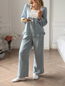 DAZY Women's Contrast Lace Plaid Long Sleeve Top And Pants Pajama Set - Green - View 3
