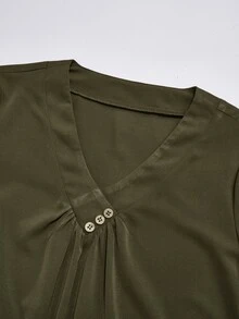 Miaspire Casual Elegant Design, V Neck Pleated Element, Long Sleeve Shirts, Flowy Army Green, Relaxed Fit Blouse, Daily Social Party, Christmas, Autumn - Army Green - View 4