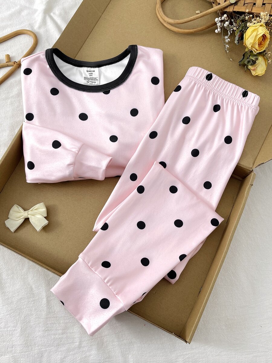 SHEIN Tween Girls Tween Girl Polka Dot Print Simple Trim Fitted Loungewear - Multicolor - View 1