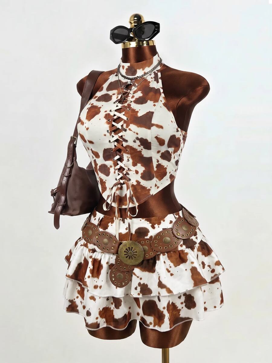 Mistrie American Retro Cow Print Double Layer Ruffle Mini Skirt Low Waist Sexy Style Leg-Lengthening High Waist A-Line Pleated Skirt - Multicolor - View 1