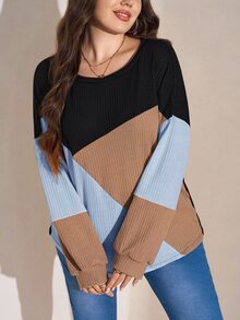 SHEIN LUNE 大尺碼休閒對比色圓領燈籠袖運動衫，秋季大尺碼女裝 - 彩色 - 查看 5