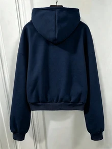 SHEIN 青少年女孩拉鍊式落肩長袖寬鬆休閒街頭風運動外套，保暖內裡基礎款秋冬返校 Y2K 瑜伽海軍藍 - 藏蓝色 - 查看 2