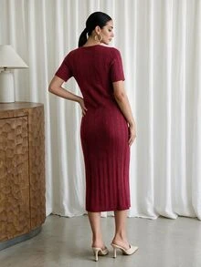 Modelyn Women's Twisted Rope Single-Breasted Waist-Cinching Elegant Autumn/Winter Sweater Dress - Burgundy - View 3