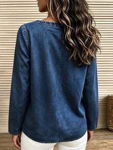 SHEIN Holidaya Women's Round Neck Long Sleeve Digital Print Top - Royal Blue - View 2