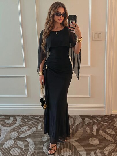 Sunnyshic Women's Autumn/Winter Black Mesh Metal Buckle Decor Shawl Drape Ruched Waist Mermaid Long Dress, Elegant Party Wedding Vacation Outing Date Casual Versatile