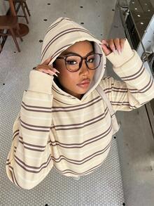 青少年女孩休閒極簡基本款粉色條紋寬鬆加厚連帽衛衣，適合秋冬日常、街頭、外出、校園、運動，甜美少女風 - 白色 - 查看 3
