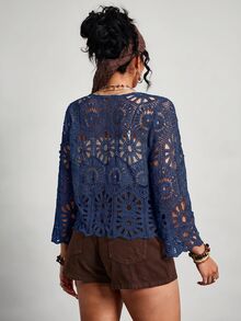 Freevana Plus Size Women's Front Tie Vacation Knit Hollow Out Cardigan - Navy Blue - View 6